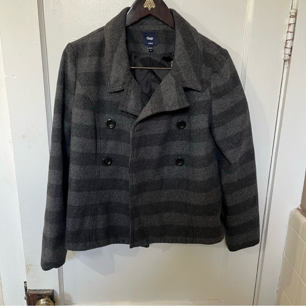 GAP Striped Wool Blend Double-Breasted Peacoat Jacket Charcoal Gray M EUC